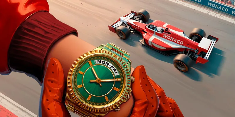 Orologio di lusso e monoposto di Formula 1 nel banner di accesso Wonaco