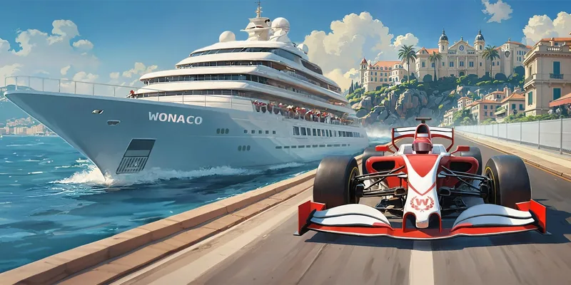 Banner del pacchetto di benvenuto Wonaco con yacht e monoposto di Formula 1