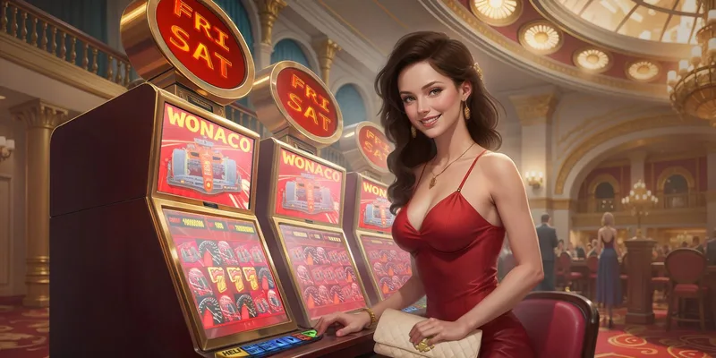 Donna in abito rosso in una sala slot del casinò Wonaco